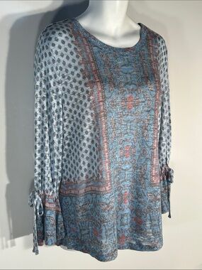 Studio JPR SZ XL Blue Print Long-Sleeve Tie Cuff Top Cottage Boho Country Comfy